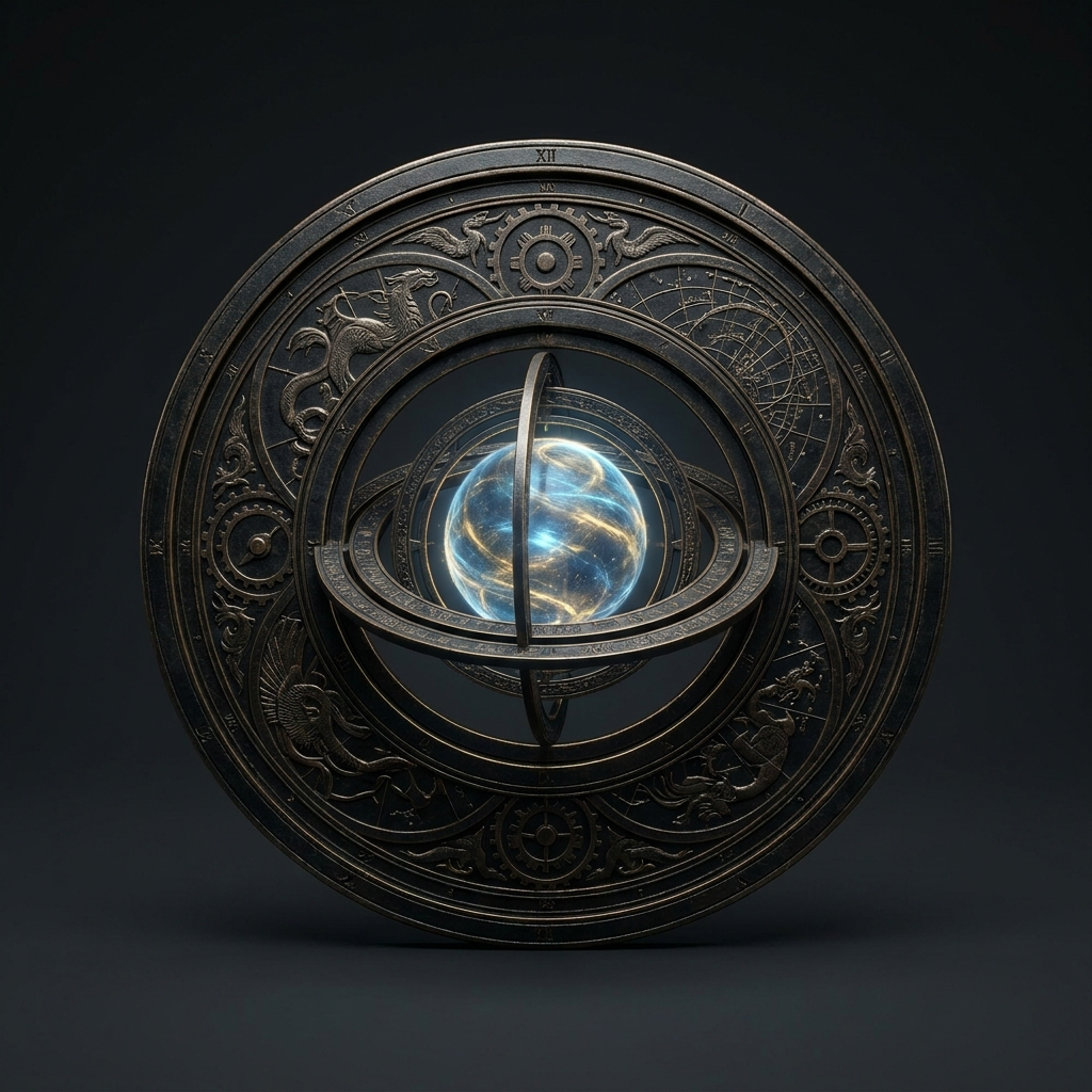 An ornate bronze disc engraved with dragons and gears, holding a glowing celestial orb at its center.